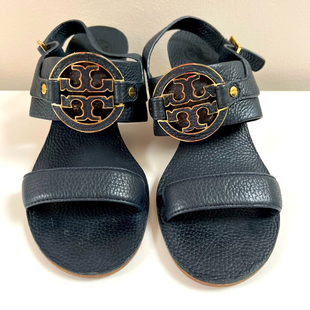 Tory Burch Leather Logo Wedge Heels Miller Metal Navy Blue Size 9M